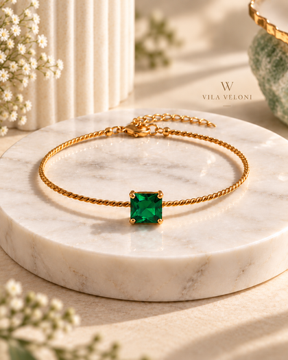 Bracelet - Emerald Glow Square Zirconia, 925 Silver 18k Gold Plated
