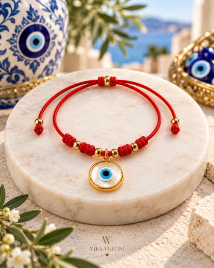 Evil Eye Bracelet - Silver 925 Gold Plated Red Cord with Gold-Tone Beads, Adjustable