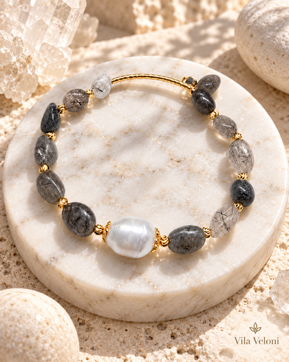 Rutilated Quartz Bracelet - Pearl Center, 14K Gold Filled Accents