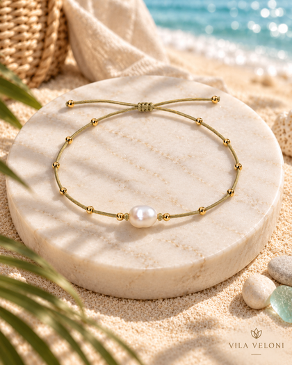 Baroque Pearl Bracelet - Olive Gold, Gold Beads, Adjustable Cord