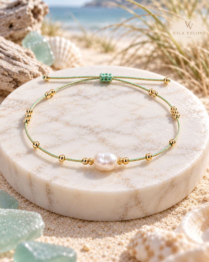 Baroque Pearl Bracelet - Aqua Mint, Gold Beads, Adjustable Cord