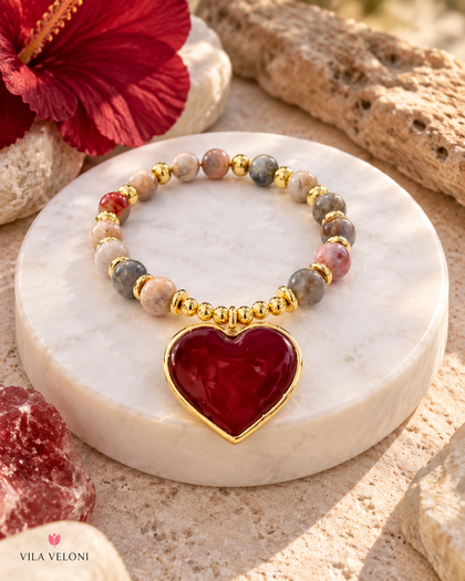 Semiprecious Stone Bracelet - Red Heart, 18k Gold Plated Brass, Adjustable
