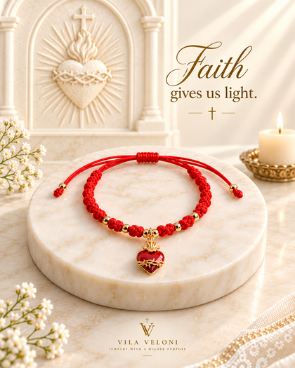 Sacred Heart of Jesus Bracelet - Red String, 18k Gold Plated, Adjustable