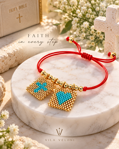 String Bracelet - Turquoise, Cross & Heart Charms, Gold-Tone Beads, Adjustable