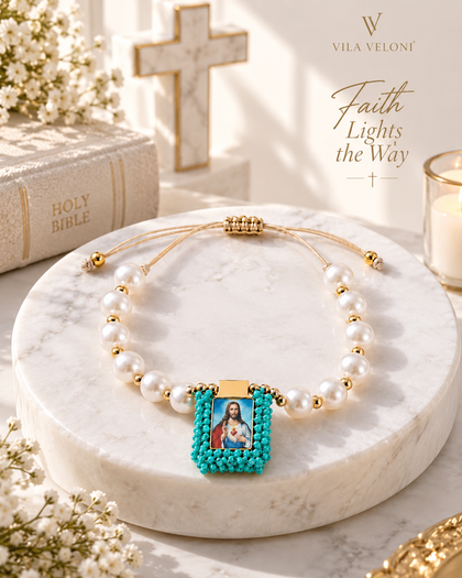 Sacred Heart of Jesus Bracelet - Jesus Medallion with Turquoise Accents, Pearls & Adjustable Cord