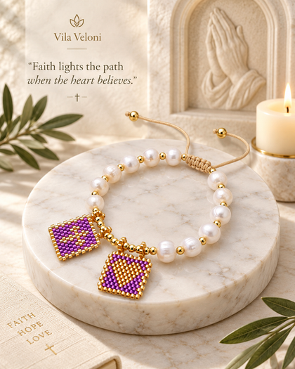 Pearl Bracelet - Royal Purple, Heart & Cross Charms, Adjustable