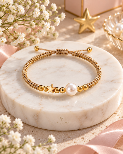 Golden Star Bracelet - Star Charm and Pearl, Gold-Tone, Adjustable