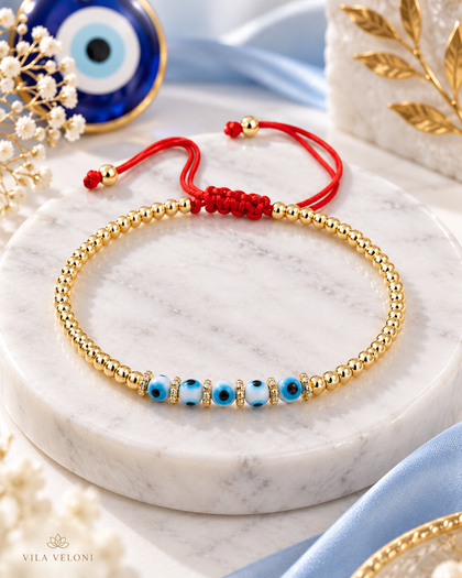 Evil Eye Bracelet - Blue Bead, Gold-Plated with Red Cord, Adjustable