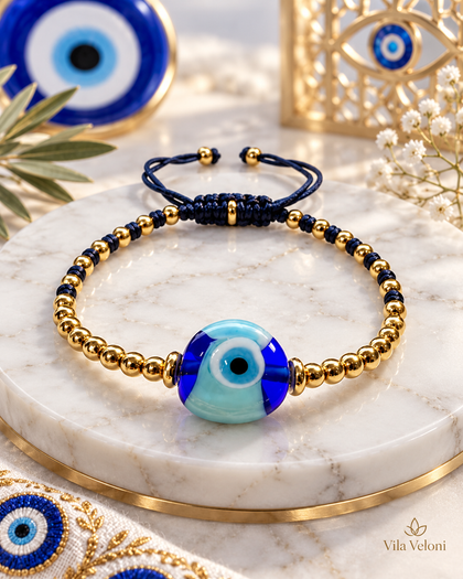 Evil Eye Bracelet - Blue Evil Eye Charm, Gold-Tone, Adjustable
