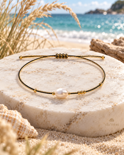 Baroque Pearl Bracelet - Black Gold, Gold Beads, Adjustable Cord