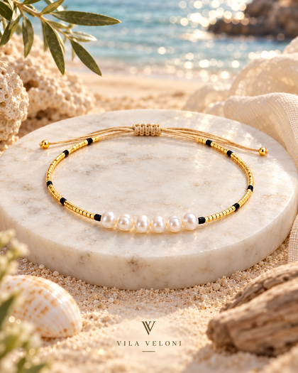 Crystal and Pearl Bracelet - Onyx Black, Gold-Tone Beads, Adjustable
