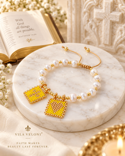 Pearl Bracelet - Golden Sunlight, Heart & Cross Charms, Adjustable