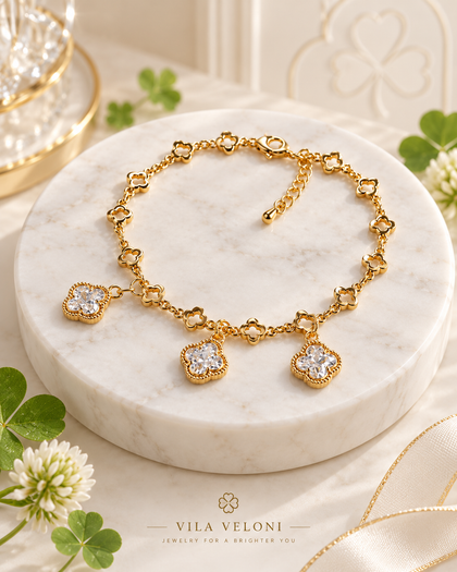 Clover Bracelet - Cubic Zirconia, Brass with 18k Gold Plating