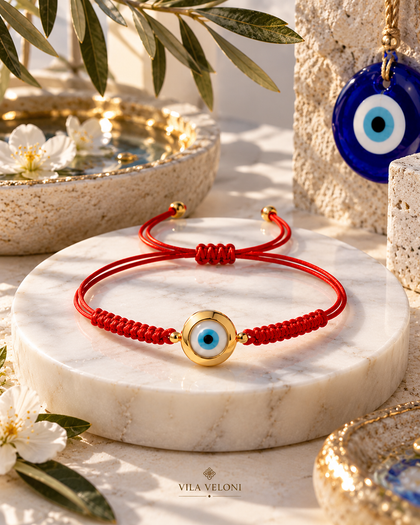 Evil Eye Bracelet - Red String, Sterling Silver Gold-Plated, Adjustable