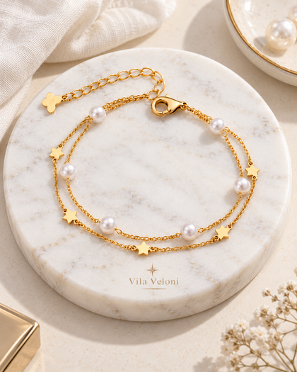 Double Chain Bracelet - Pearls & Stars, Sterling Silver 18K Gold Plated, Adjustable