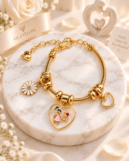 Charm Bracelet - Heart, Flower & Love Charms, 18k Gold Plated, Adjustable