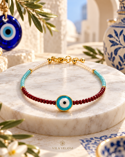 Evil Eye Protection Bracelet - Evil Eye Charm, Glass Beads and 18K Gold-Plated Details