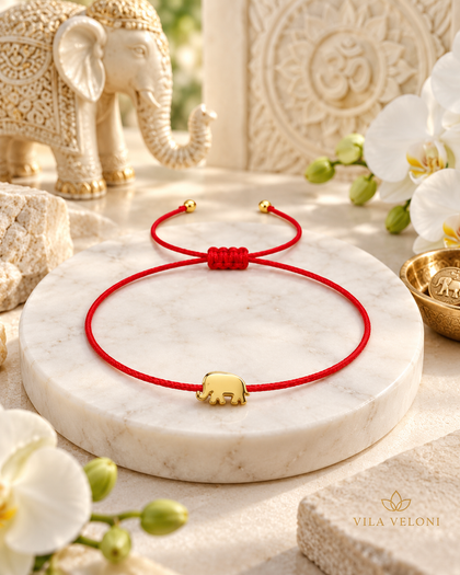 Red String Protection Bracelet - Elephant Charm, Sterling Silver with 18K Gold Plating, Adjustable