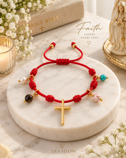 Faith Bracelet - Cross, Natural Gemstones, Adjustable Red String