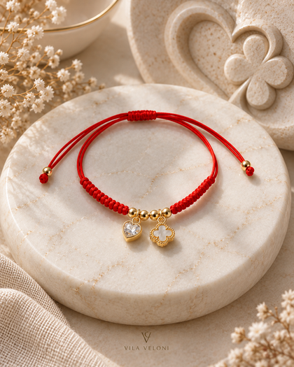 Heart & Clover Bracelet - Red Cord with Gold-Tone Charms, Adjustable