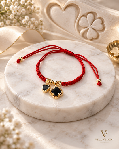 Red String Bracelet - Clover & Black Heart, 18k Gold Plated, Adjustable