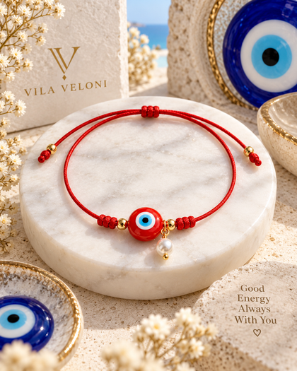 Evil Eye Bracelet - Turkish Eye & Pearl, Red Adjustable String