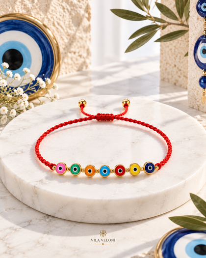Evil Eye Bracelet - Silver 925 Gold Plated Multicolor Turkish Eye Charms, Red Cord, Adjustable
