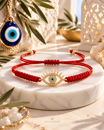 Evil Eye Bracelet - Protective Red, Woven Thread, 925 Silver 18k Gold Plated, Adjustable