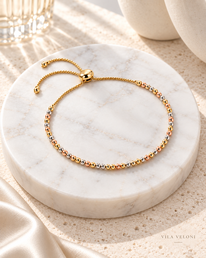 Two-Tone Beaded Bracelet - Textured Silver & Gold, Adjustable