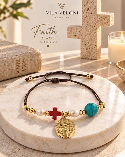 Tree of Life & Cross Bracelet - Medallion with Coral Cross, Pearls & Turquoise, Adjustable