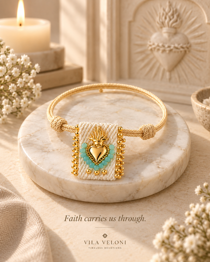 Woven Heart Bracelet - Ivory Aqua Glow, Heart Charm with Crystals, Adjustable Cord