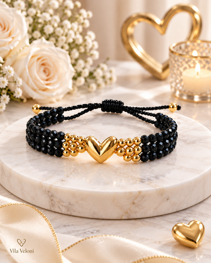 Triple Bracelet - Heart Charm, Black Crystals, Adjustable