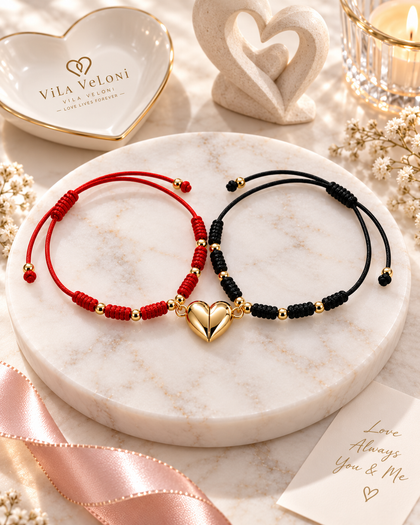 Thread Bracelet Set - magnetic heart, black & red, adjustable