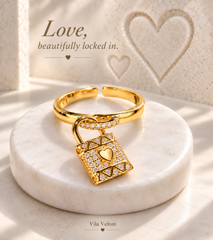 Ring with Padlock Pendant with Cubic Zirconia in Brass and 18k Gold Plating