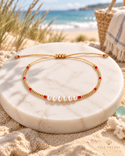Crystal and Pearl Bracelet - Ruby Red, Gold-Tone Beads, Adjustable