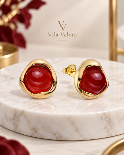 Aura Cabochon Earrings - Red, 925 Silver with 18K Gold Plating
