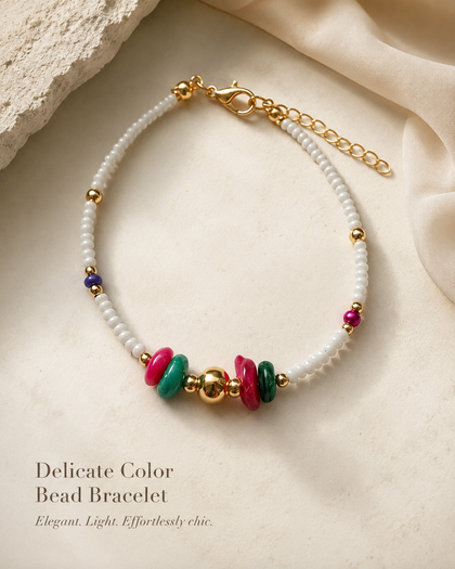 Beaded Bracelet - White with Colorful Accents, Gold-Tone, Adjustable