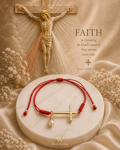 Faith Cross Bracelet - Red Cord with Gold-Tone Cross and Pearl, Adjustable