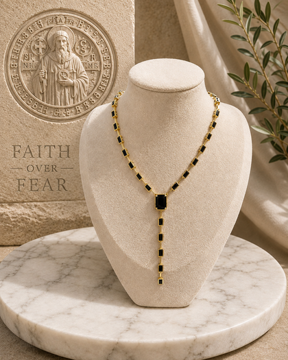 Unshakable Faith Lariat Necklace - Gold with Black Stones