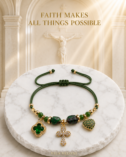 Bracelet - Cross & Heart, 18k Gold Plated, Adjustable