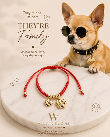 Pet Love Bracelet - Heart & Paw Charms, Red String & 18k Gold Plated, Adjustable