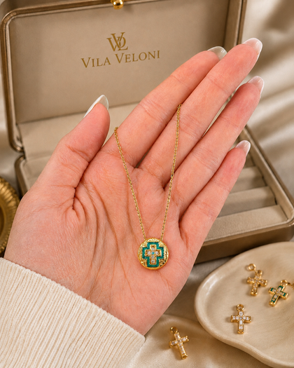 Cross Pendant Necklace - Enamel & Cubic Zirconia, Sterling Silver 18k Gold Plated