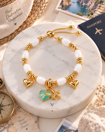 Airplane & Hearts Bracelet - White Stones & Cubic Zirconia, 18k Gold-Plated Brass, Adjustable