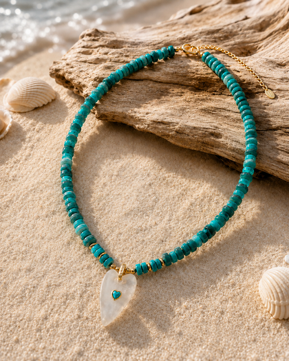Necklace with Blue Semiprecious Stones and Crystal Heart Pendant