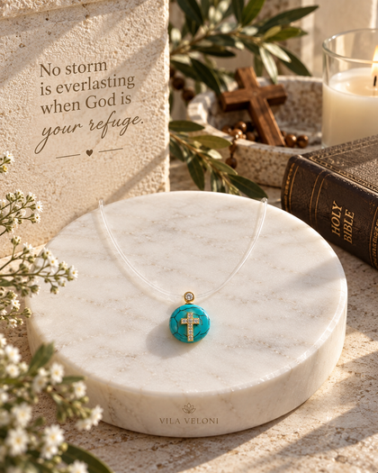 Refuge of Faith Necklace - Turquoise Pendant & Cross, Sterling Silver 18k Gold Plated