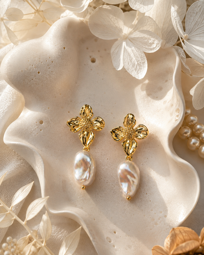 Fleur Perlé Earrings - Brass with 18K Gold Plating