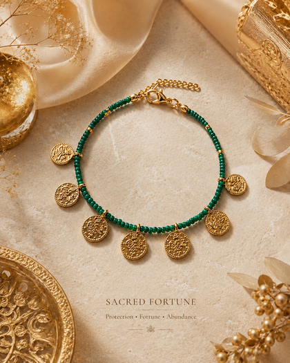 Green Gemstone Bracelet - Gold-Plated Charms, Adjustable
