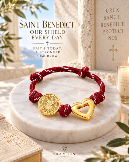 Saint Benedict Cord Bracelet - Medal & Heart, Gold-Tone, Adjustable