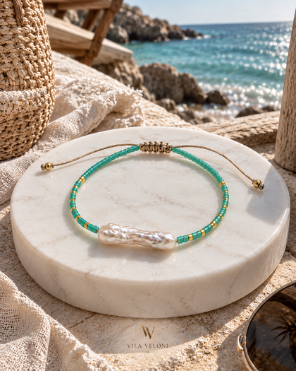 Crystal Bracelet - Ocean Aqua, Baroque Pearl, Gold-Tone Accents, Adjustable