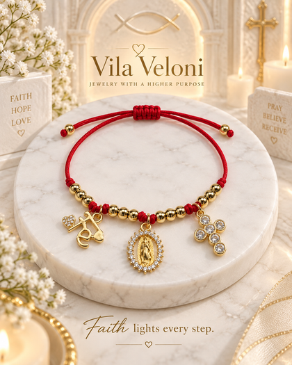 Bracelet - Virgin Mary & Cross, 18k Gold Plated, Adjustable